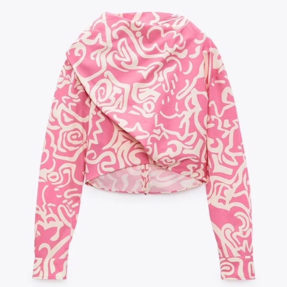 Zara Printed Crop Top with Tie Pink XS - Picture 2 of 6
